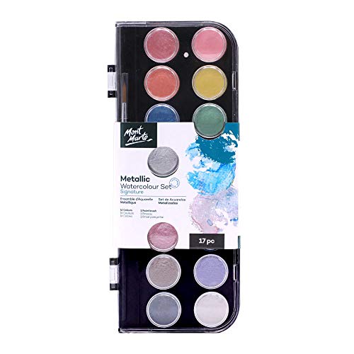 MONT MARTE Metallic Watercolor Set, Pearl Paint, 17 Piece, 16 Vibrant Colors, 1 Paint Brush MONT MARTE