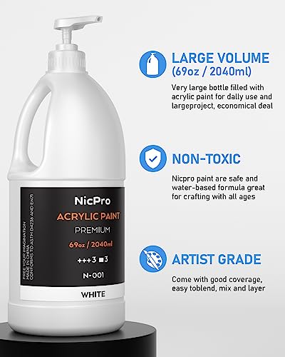 Nicpro White Large Acrylic Paint Set (69 oz, 2040 ml) Rich Art Painting Supplies Non Toxic for Multi Surface, Canvas, Wood, Leather, Fabric Stone Nicpro