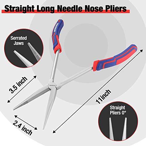 WORKPRO 3PC Long Reach Pliers Set, 11 Inch Extra Long Needle Nose Pliers Set Includes Long Reach Straight Pliers, 90° Bent Nose Pliers, 45°Bent Nose WORKPRO