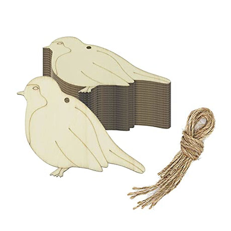 Creaides Bird Wooden Hanging Ornaments Bird Shaped Wood DIY Craft Cutout Wooden Slices Embellishments with Hole Hemp Ropes Gift Tag for Wedding Creaides