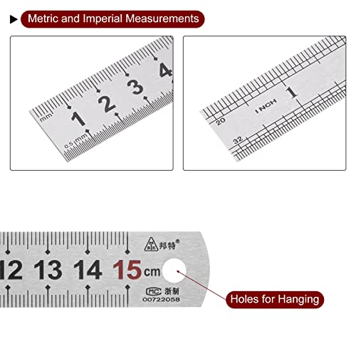 HARFINGTON 2pcs Stainless Steel Ruler 6-inch/15cm Metal Rulers 0.75" Wide, Inch and Metric Graduation Straight Edge Measuring Tool HARFINGTON