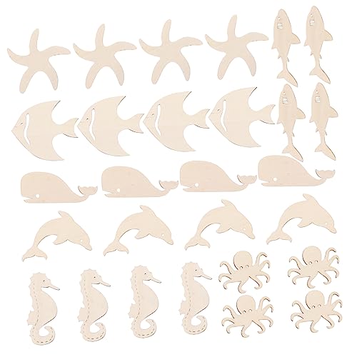 CORHAD 28Pcs Doodle Marine Wood Chips Unfinished Wood Cutout Shapes Wood Seahorse Cutout Wood Nautical Cutout mariposas decorativas para pared Wood CORHAD