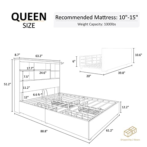 AMERLIFE Rustic Brown Queen Size Wooden Platform Bed with LED Bookcase Headboard, Storage Drawers & Charging Station - WoodArtSupply