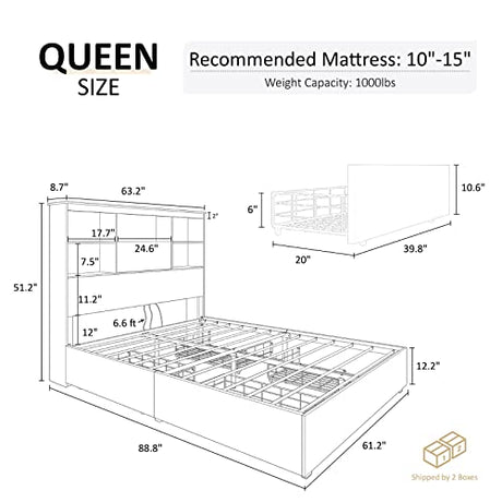 AMERLIFE Rustic Brown Queen Size Wooden Platform Bed with LED Bookcase Headboard, Storage Drawers & Charging Station AMERLIFE