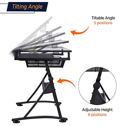 Topeakmart Height Adjustable Drafting Desk Artist Drawing Table Tilted Tabletop Art Desk Work Station w/2 Storage Drawers and Stool for Home Office - WoodArtSupply