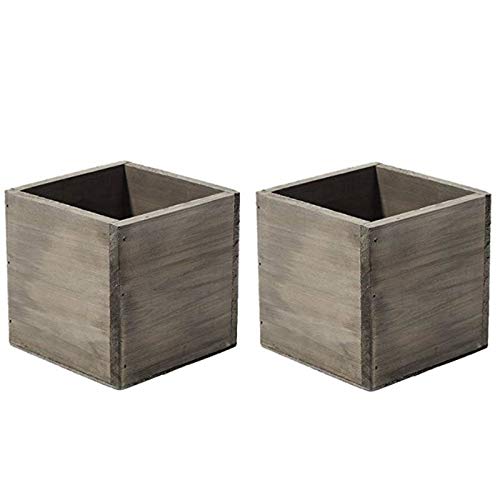 4" Square Rustic Wood Planters with Plastic Liner - Set of 2 Accent Decor