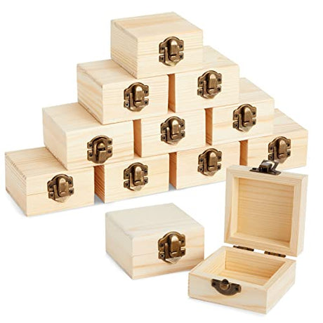 12 Pack of Small Unfinished Wooden Boxes for Crafts Supplies, Paintable Wood Treasure Chests for Jewelry and DIY Projects (2.7x2.7x1.6 in) Bright Creations