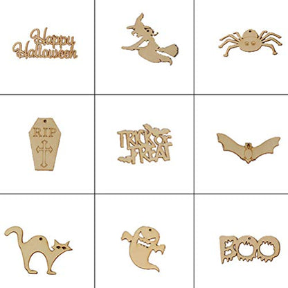 LIOOBO 20PCS Halloween Ghost Festival Decoration Props Puzzle Graffiti Wood Chip Spider Wooden Pendant for Arts and DIY Crafts Creative Decorations