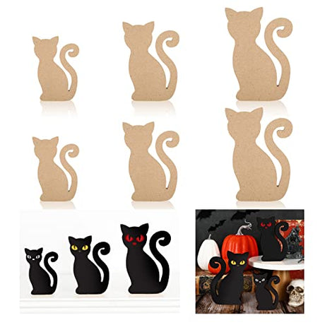 Whaline 6Pcs Halloween Wooden Cat Cutouts Black Cat Unfinished Table Wooden Signs Blank Craft Tags Slice Ornament for Halloween Home Kitchen Office Whaline