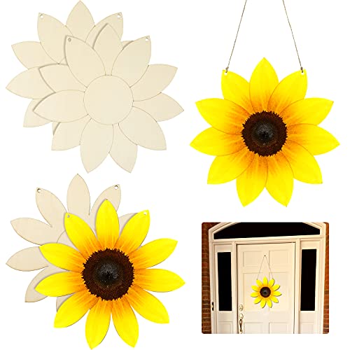 4 Pieces Unfinished Sunflower Wood Cutout Wooden Sunflower Hanging Decor Rustic Sunflower Door Hanger DIY Flower Welcome Sign with Rope for Art Jetec