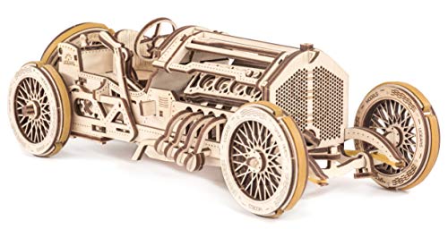 Ugears U-9 Grand Prix Car Wooden Model (DIY Building Kit) Hand-Crank Powered Vehicle w/Working Pistons, Wheels, Shocks | Functional, Authentic Racing UGEARS
