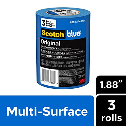 Scotch Painter's Tape Original Multi-Surface Painter's Tape, 1.88 Inches x 60 Yards, 3 Rolls, Blue, Paint Tape Protects Surfaces and Removes Easily,