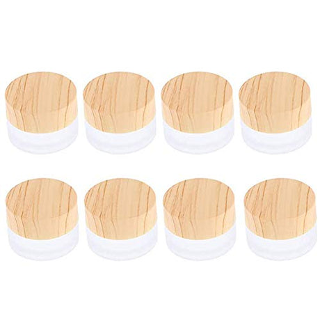 ConStore 8pcs Frosted Glass Cream Jar Bottle with Wood Grain Lid Refillable Mini Lotion Jars Empty Cosmetic Containers for Makeup Lip Balms Eyeshadow ConStore