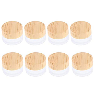 ConStore 8pcs Frosted Glass Cream Jar Bottle with Wood Grain Lid Refillable Mini Lotion Jars Empty Cosmetic Containers for Makeup Lip Balms Eyeshadow