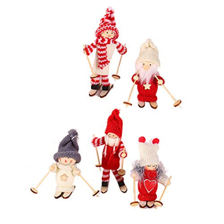 Amosfun Wood Figurine Decor 5PCS Christmas Ski Doll Ornaments Wooden Christmas Christmas Tree Hanging Decorations Pendants Holiday Shop Window Home Amosfun