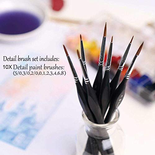 Detail Paint Brushes Set 10pcs Miniature Brushes for Fine Detailing & Art Painting - Acrylic, Watercolor,Oil,Models, Warhammer 40k - WoodArtSupply