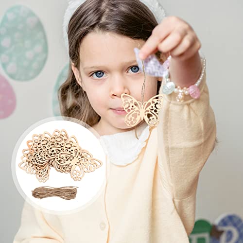 SEWACC Wood Crafts 50 Sets Wooden Butterfly Cutouts Unfinished Butterfly Shapes Blank Wood Ornaments Butterfly Embellishments with Hemp Ropes for DIY SEWACC