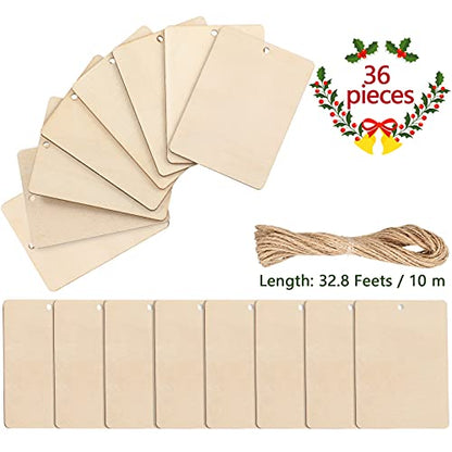 36 Pieces Unfinished Wood Pieces (2.5 x 3.5) Rectangle Square Rustic Blank Wood Tags with Holes Light Wooden Cutouts with 32.8 Feet Rope for Holiday
