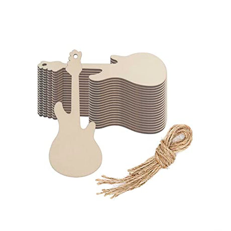 Creaides 20pcs Guitar Wood DIY Craft Cutout Wooden Electric Guitar Shaped Hanging Ornaments with Hole Hemp Ropes Gift Tags for Wedding Birthday Creaides