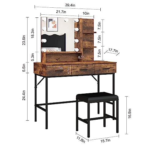Vanity Table with Lighted Mirror, 3 Drawers Makeup Desk Dressing Table with Lots Storage Vanity Set with Wider Cushioned Stool for Bedroom (Brown) Panana