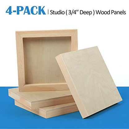 Unfinished Birch Wood Canvas Panels Kit, Falling in Art 4 Pack of 6x6’’ Studio 3/4’’ Deep Cradle Boards for Pouring Art, Crafts, Painting and More