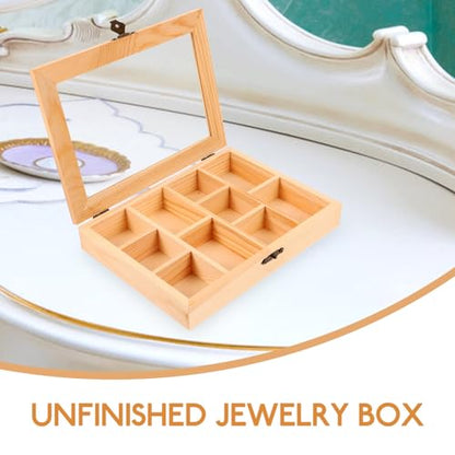 Zerodeko Unfinished Wooden Jewelry Box, with Lid, DIY Jewelry Storage Box 10 Compartment Sundries Organizer Classic Jewelry Box Jewelry Organizer Box