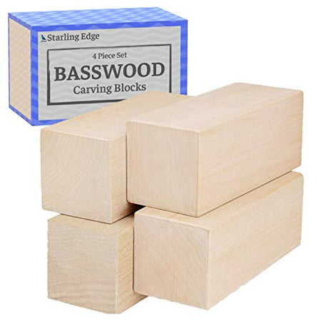 Basswood Carving Blocks - 4 Piece Wood Carving Kit with 2" x 2" x 5" Large Unfinished Whittling Wood Blank Blocks for Kids or Adults STARLING EDGE