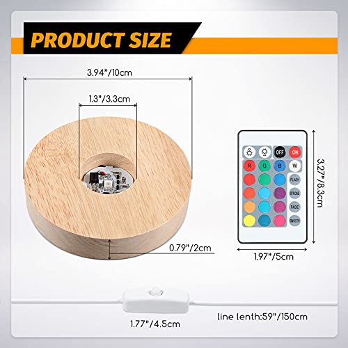 3.94 Inch Wooden Light Stand Base Colorful LED Lights Display Base with Remote Control for Selenite Tower 3D Laser Crystal Glass Resin Art (8 Pieces) Honoson