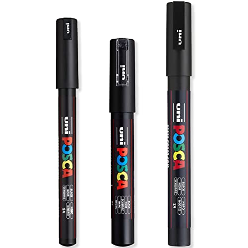 Posca - Ultra Fine to Fine Paint Marker Pens Set - PC-1MR, PC-1M, PC-3M - Black Ink - Pack of 3 - WoodArtSupply