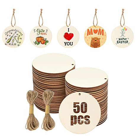 Luckforest Unfinished Wooden Circles with Holes, 50Pcs 3 Inch Round Wood Tags Ornaments Blank Round Wooden Slices with Jute Twines for Sign Gift Tags Luckforest
