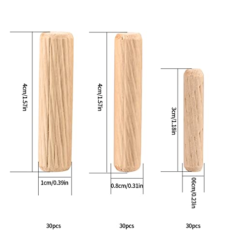 90 Pcs Wooden Dowel Pins, Straight Groove Wooden Dowel Pins with Beveled Ends Tapered, Easy Insertion, for Furniture Door Art Crafts Projects, M6 M8 HexinYigjly