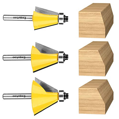 Exqutoo 3 Piece Chamfer Router Bit Set Kit, 1/4" Shank, 15, 22.5, 30 Degree Cutting Angle, 1" Cutting Length - WoodArtSupply