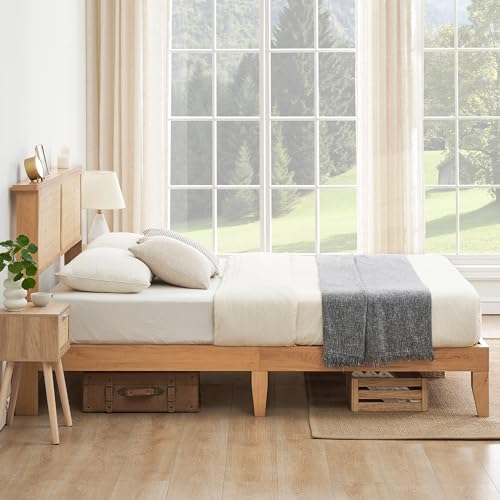 IDEALHOUSE Queen Bed Frame with Natural Rattan Headboard, Queen Size Bed Frame with LED Lights, 12.4 Inch Solid Wood Platform Bed, Boho Cane Bed