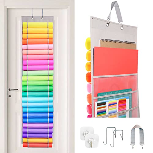 HOME SHARON Vinyl Roll Holder, 24 Compartments Roll Storage and 10 Scrapbook Paper Pockets, Vinyl Storage Organizer with Door Hooks, Craft Organizer - WoodArtSupply