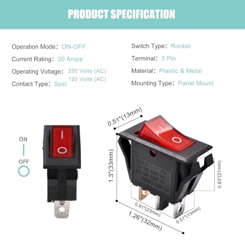 RuoFeng Red Light Boat Rocker Switch Mini On Off Switch 3 Pin 2 Position Illuminated Toggle Switch for Car Boat Popcorn Machine Bench Grinder RuoFeng