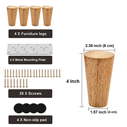 Alecutremy Wood 4 Inch Furniture Legs Set of 4 Round Solid Unfinished Mid Century Couch Feet Replacement Legs for Sofa Dresser Cabinet Bed Home DIY