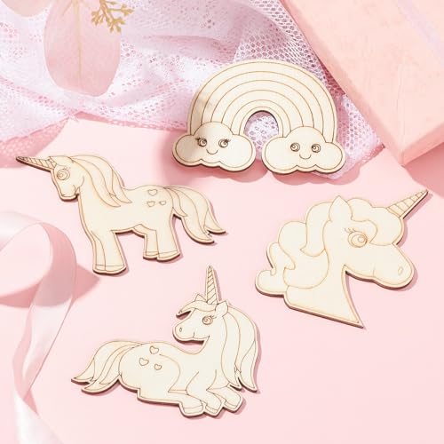 LiQunSweet 40 Pcs 4 Styles Rainbow Unicorn Unfinished Wood Slice Cutouts Blank Wooden Ornaments for Crafts LiQunSweet
