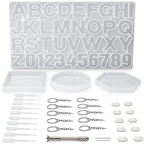 Arteza Resin Keychain Molds and Accessories, 37-Piece Kit, Numbers and Alphabet Silicone Molds, Keychain Rings, Finger Tabs, Pipettes, Drilling Tool ARTEZA
