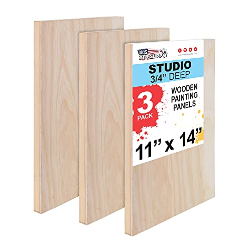 U.S. Art Supply 11" x 14" Birch Wood Paint Pouring Panel Boards, Studio 3/4" Deep Cradle (Pack of 3) - Artist Wooden Wall Canvases - Painting U.S. Art Supply