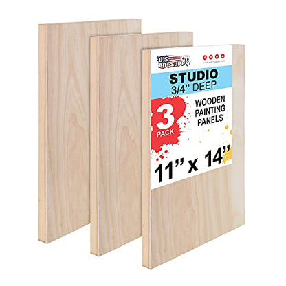U.S. Art Supply 11" x 14" Birch Wood Paint Pouring Panel Boards, Studio 3/4" Deep Cradle (Pack of 3) - Artist Wooden Wall Canvases - Painting