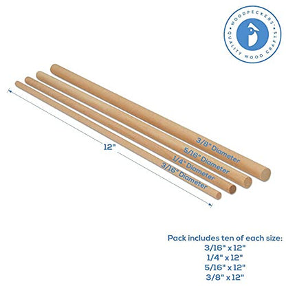 Wooden Dowel Asssortment 40 Dowel Rods 12 inches Long by Woodpeckers