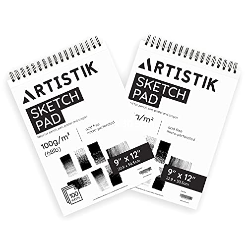 Sketch Pad 9"x12", 2 Pack, 100 GSM, 100 Sheets Perforated (Pack of 2 - Jumbo Sketchbook Pads 9" x 12") ARTISTIK