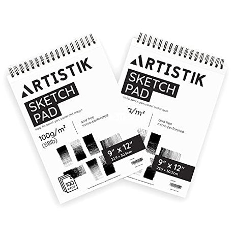 Sketch Pad 9"x12", 2 Pack, 100 GSM, 100 Sheets Perforated (Pack of 2 - Jumbo Sketchbook Pads 9" x 12") ARTISTIK