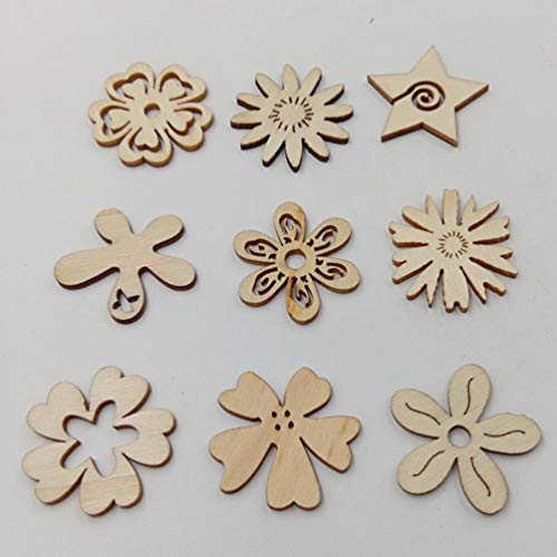 Healifty 50pcs Unfinished Wood Cutouts Assorted Flowers Shapes Wood Slices for DIY Craft Wedding Birthday Table Scatter Confetti