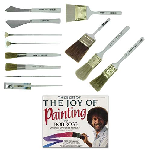 Bob Ross Landscape Brush Set Oil Based Paint Tools and The Best of Joy of Painting Book, 13 Pieces Bob Ross