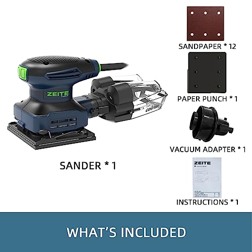 ZEITE 2.4 Amp Electric Palm Sander with 12Pcs Sandpapers, 1/4 Sheet Orbital Finishing Sander for Woodworking, 10 Ft Cord Hand Sander for Polishing Zeite
