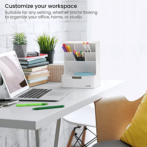 ARTEZA Desktop Pen and Marker Organizer, 6-Compartment White Pen Holder for Desk with Stationery Drawer, 5.43in x 7.09in x 9.33in, Makeup Organizer ARTEZA