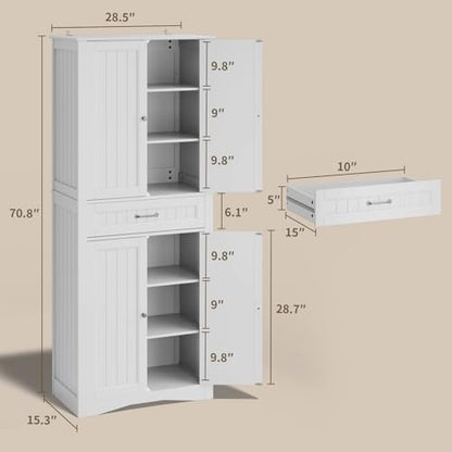 Gizoon 71'' Kitchen Pantry Storage Cabinet, Freestanding Cupboard with 4 Barn Doors and 4 Adjustable Shelves, Hutch Bar Cabinet with Large Drawer for