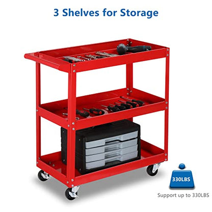 TUFFIOM 3 Tier Rolling Tool Cart, 330 Lbs Capacity, Red, 3 Shelves Steel Utility Cart for Garage, Workshop, Warehouse & Repair Shop - WoodArtSupply