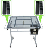 ZenStyle Glass Top Drafting Table with Storage, Adjustable Multifunctional Drafting Drawing Table Desk Tempered Glass Top Art Craft w/Drawers, ZenStyle